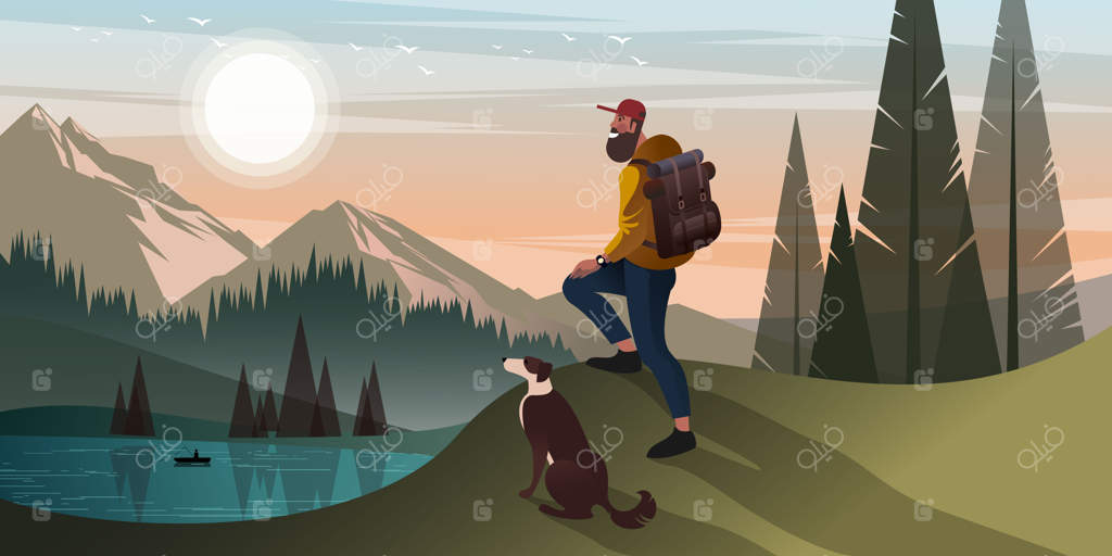 جوان ریش‌دار همراه با سگ در حال کوه‌نوردی – تصویرسازی وکتور تخت