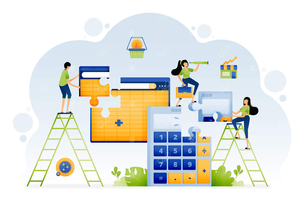 تصویرسازی از حل معماهای حسابداری توسط افراد با ایجاد نرم‌افزار صفحه گسترده برای حسابداری بهتر صورت‌ها طراحی برای صفحه ورودی وب‌سایت، پوستر، بنر، اپلیکیشن موبایل و شبکه‌های اجتماعی