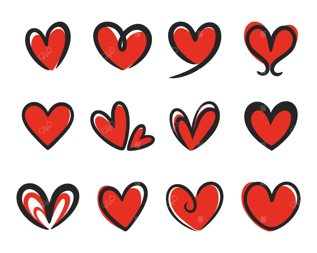 مجموعه وکتور قلب‌های قرمز طراحی دستی با دورخط سیاه قلم‌مویی