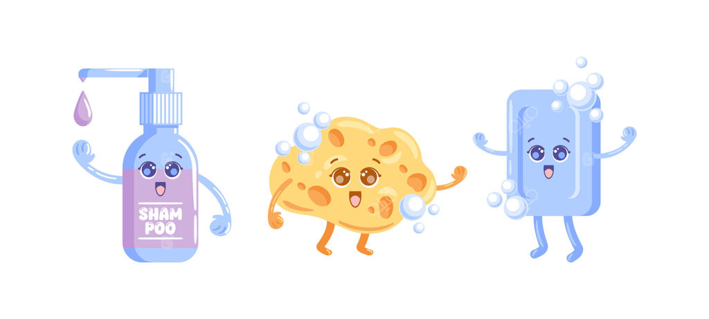 یک تصویرسازی کاوایی و بانمک از یک بطری شامپوی شاد با چشمان درشت، یک اسفنج خندان و یک صابون بازیگوش. همه شخصیت‌ها چهره‌هایی بسیار دوست‌داشتنی دارند و سرشار از حس شادی و پاکیزگی هستند.