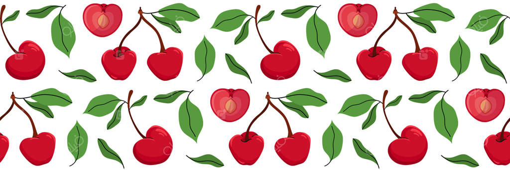 پترن یکپارچه با آلبالو، کامل و نصف شده با هسته‌ی قابل مشاهده. پس‌زمینه‌ی بهاری باغ. مناسب برای طراحی پارچه، منو، بسته‌بندی و آشپزخانه. تصویرسازی کارتونی.