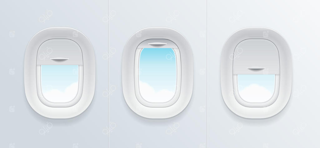 مجموعه پنجره سه‌بعدی هواپیما با نمای آسمان آبی - وکتور