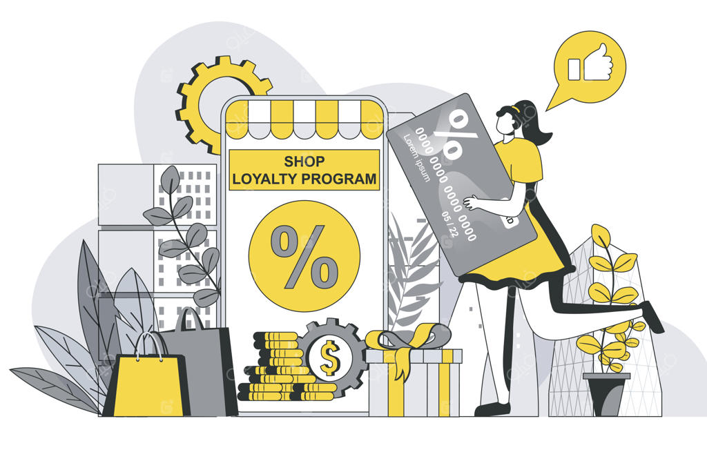 مفهوم برنامه وفاداری فروشگاه: صحنه‌ای از دریافت کارت تخفیف توسط زن