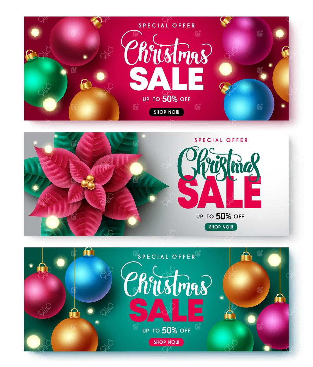 طراحی بنر وکتور برای حراج کریسمس: متن حراج ویژه با تخفیف ویژه کریسمس.