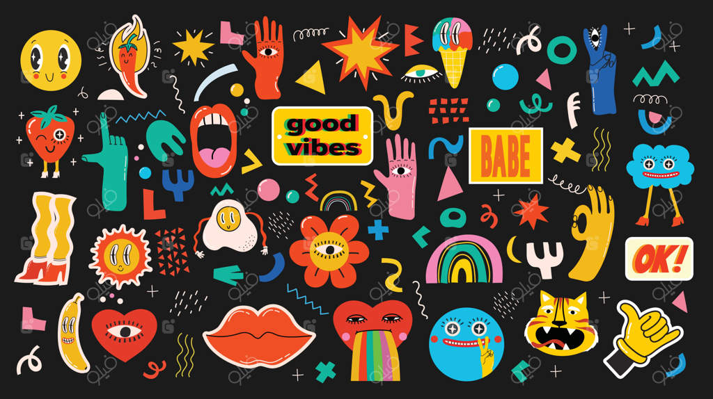 مجموعه بزرگی از تصاویر برداری رنگارنگ برای پوسترها با طراحی فلت کارتونی - اشکال و چهره‌های هندسی جالب با عناصر یونانی و شخصیت‌های کمیک خنده‌دار