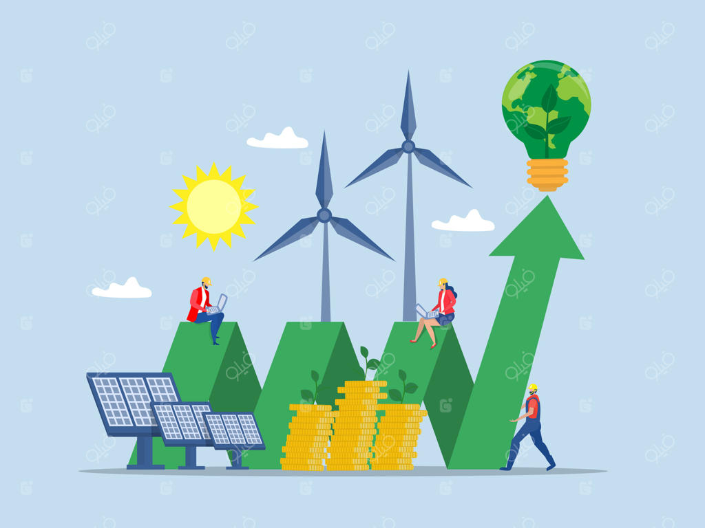 سرمایه‌گذاری تاجر در انرژی پاک و سبز: پنل‌های خورشیدی و توربین‌های بادی، صرفه‌جویی در پول و حفاظت از طبیعت - مفهوم مشکلات زیست‌محیطی و ESG در یک تصویرسازی مدرن