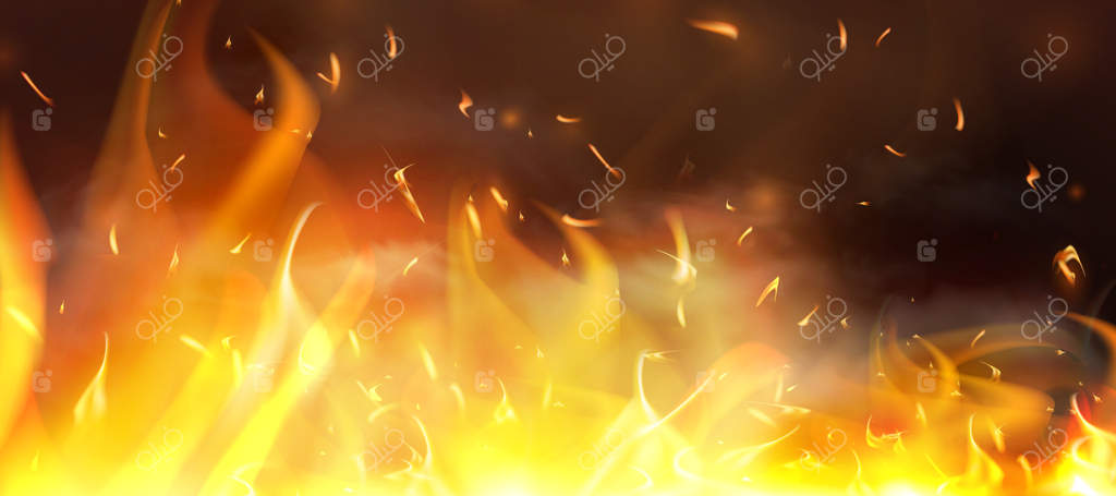 جرقه‌های آتش سرخ در حال پرواز به بالا: ذرات درخشان سوخته. شعله‌های آتش با جرقه‌ها در هوای شب تاریک. در پس‌زمینه‌ای سیاه و شفاف.