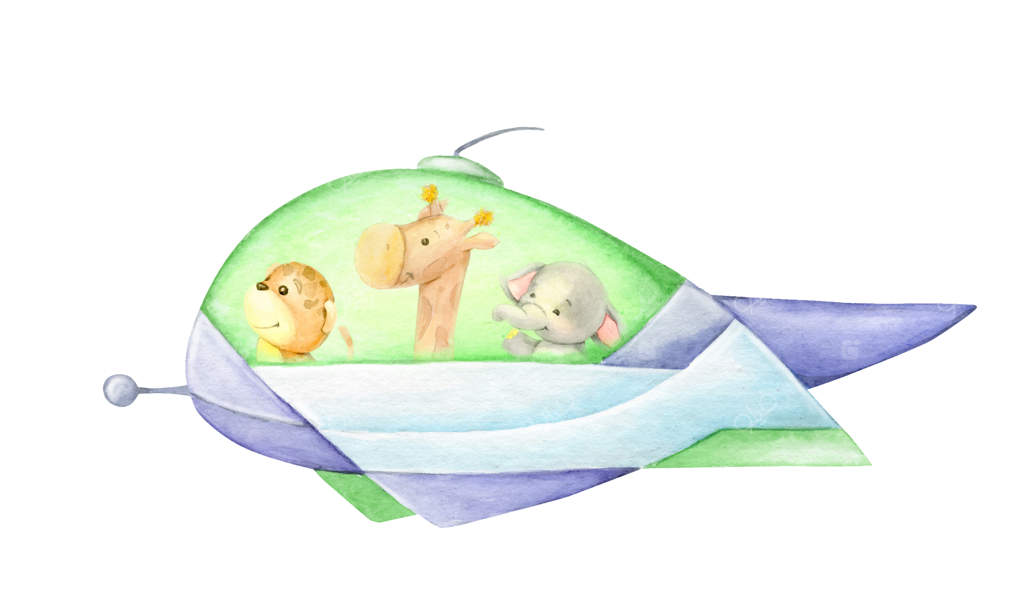 توله شیر، زرافه و فیل در حال پرواز با سفینه فضایی: طرح آبرنگی با موضوع فضا روی پس‌زمینه‌ای جدا شده