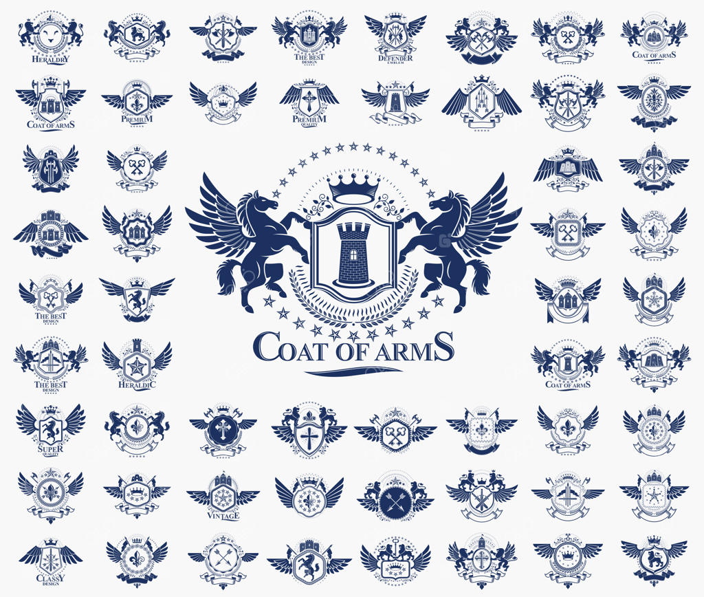 مجموعه بزرگ نشان‌های کلاسیک، کلکسیون نمادهای هرالدی، جوایز و برچسب‌های قدیمی، عناصر طراحی هرالدی، نشان‌های خانوادگی یا تجاری