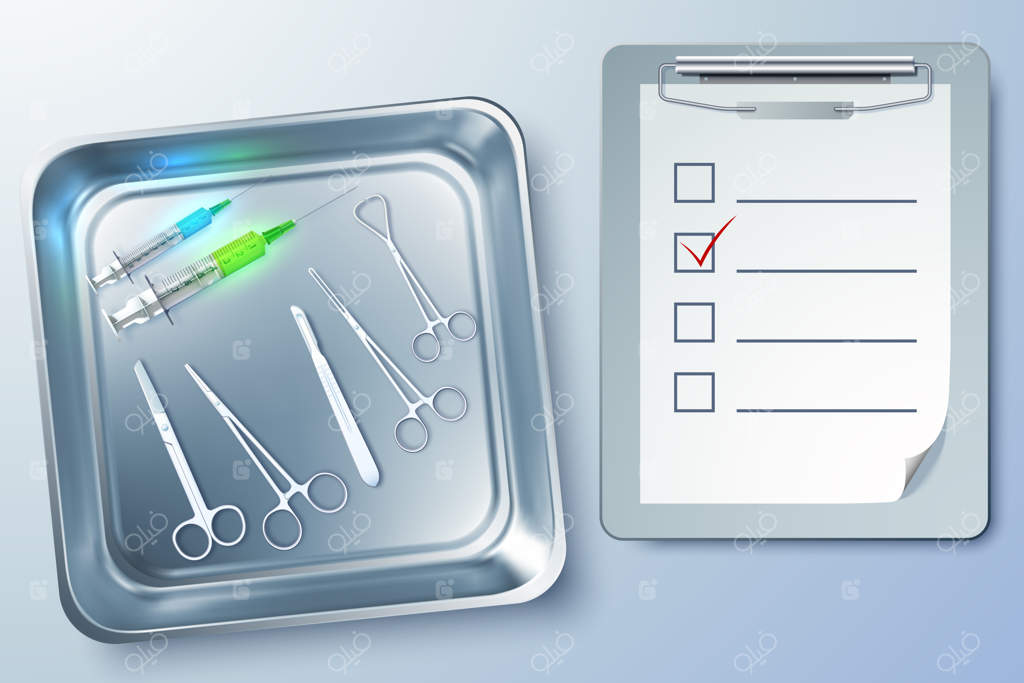 وسایل پزشکی شامل سرنگ‌ها، فورسپس، اسکالپل، قیچی و دفترچه یادداشت در دستگاه استریل‌کننده - تصویرسازی