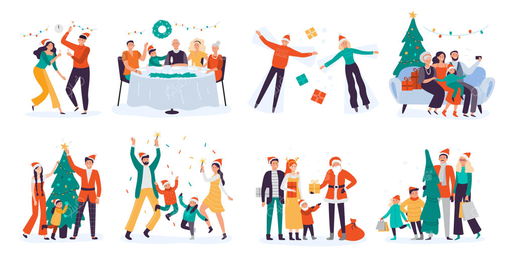 تعطیلات زمستانی خانوادگی، تزئین درخت کریسمس و مجموعه‌ای از تصاویر شام تعطیلات خانگی