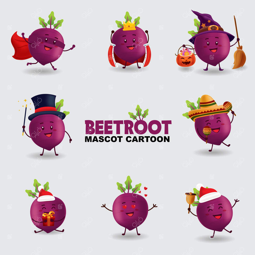 تصویر کارتونی ماسکات: چغندر در چندین حالت مختلف، پس‌زمینه‌ای جداگانه.