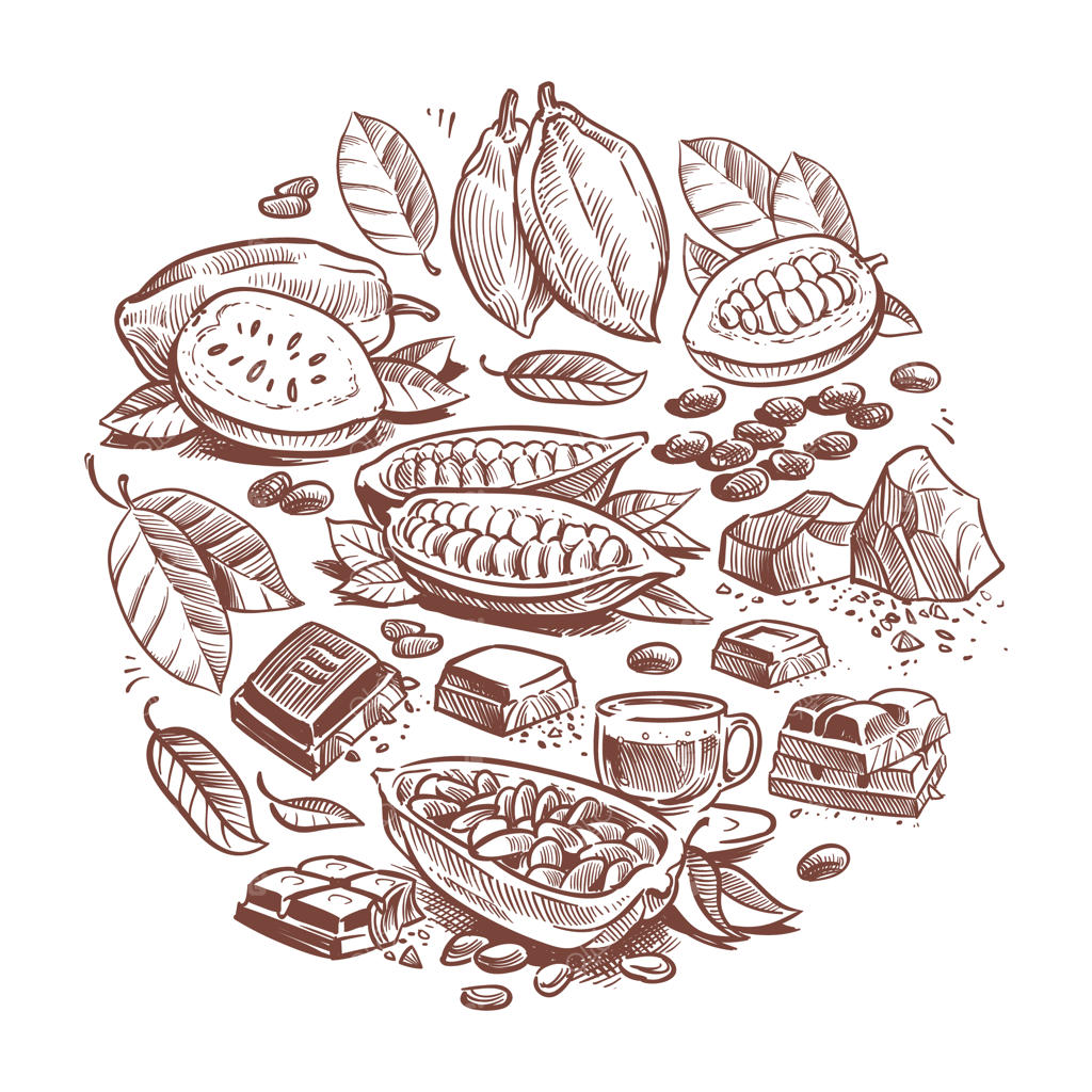 طراحی دستی دانه‌های کاکائو و شکلات، نقاشی کاکائو