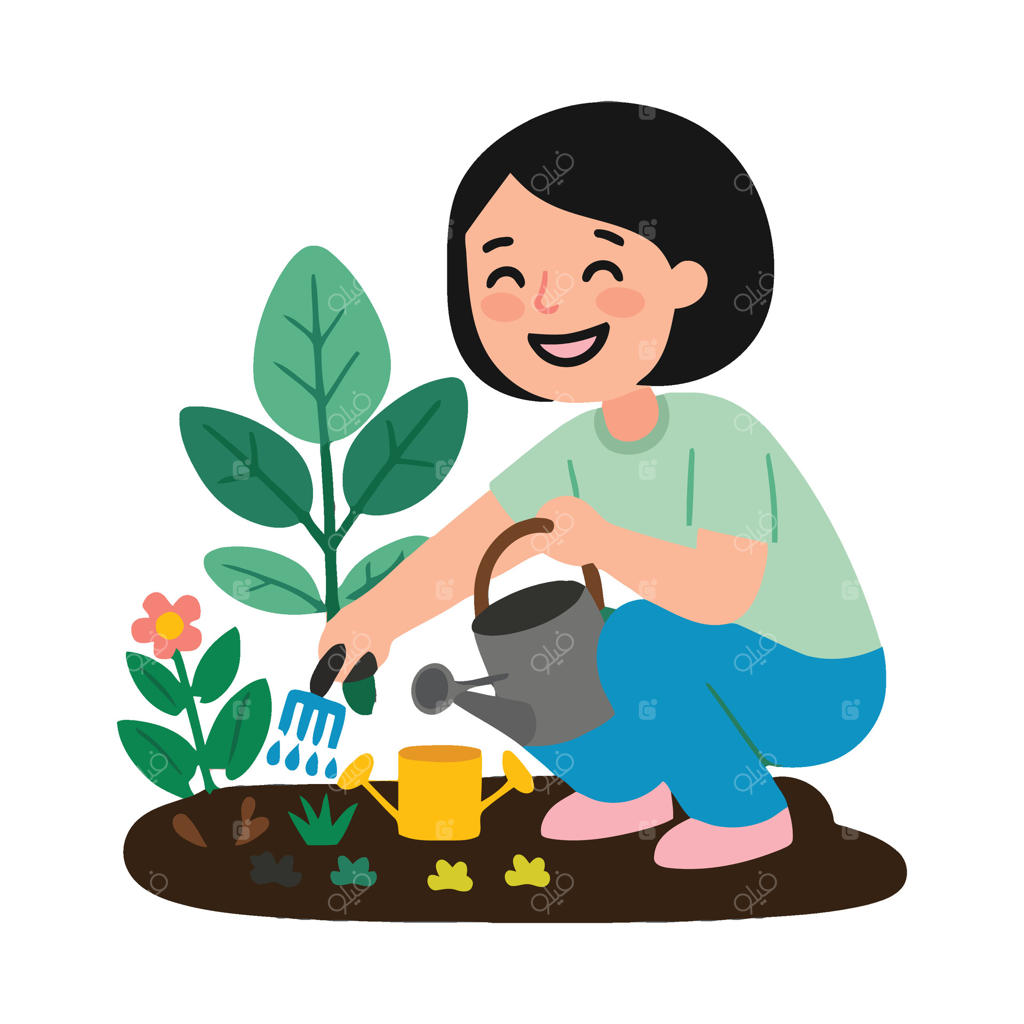 زنی در حال آبیاری گیاهان در باغ است