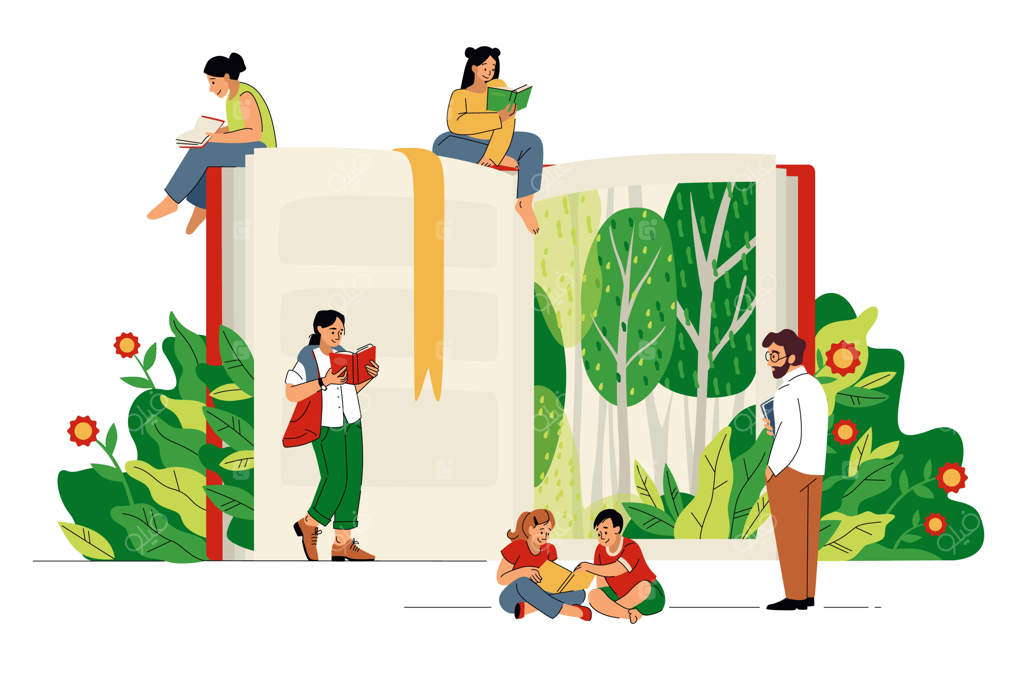 مردم داستان کتاب را می‌خوانند: جشنواره روز رویا در کتابخانه باز - آموزش خانواده، شب گرافیکی درختان و گل‌ها، عاشقان ادبیات! کتاب درسی بزرگ، خوانندگان خوشحال و اوقات فراغت - مفهوم وکتور