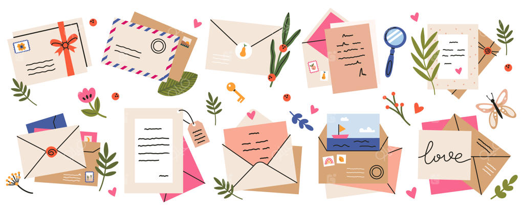 پاکت‌های نامه. کارت پستال، پاکت‌ها، تمبرهای پستی، نامه‌های کاغذ کرافت و پاکت‌های پستی