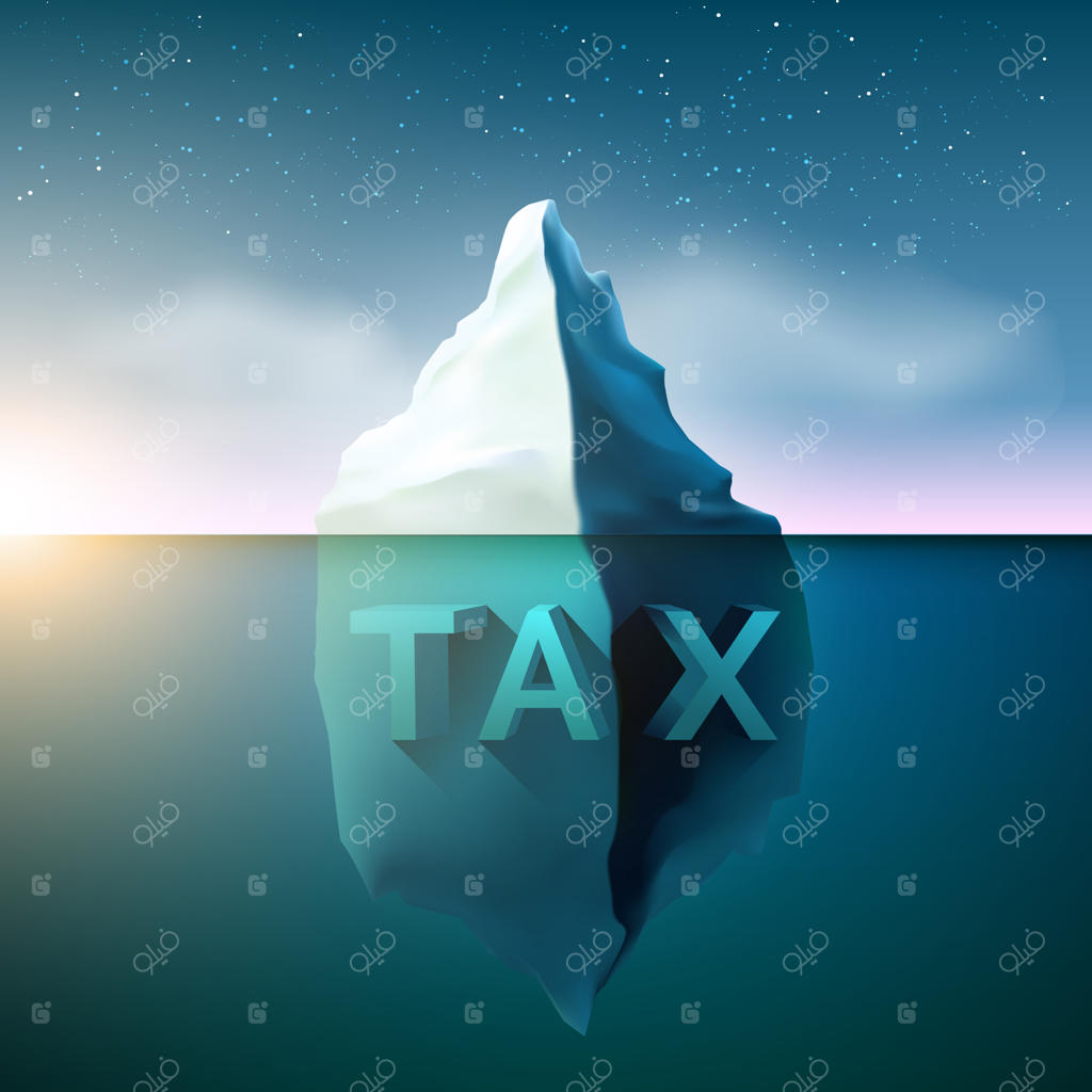 کوه یخی در اقیانوس با کلمه "مالیات" و ستاره‌ای در آسمان.
