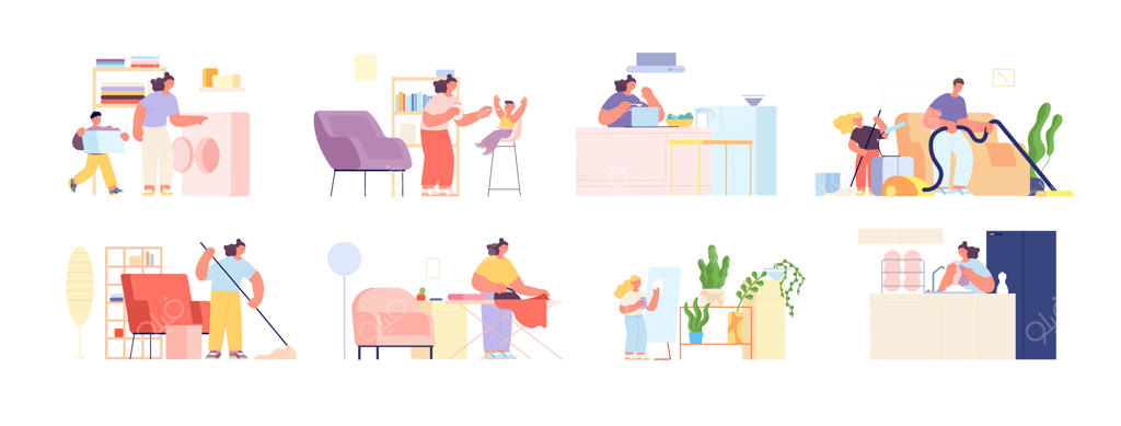 نظافت خانوادگی: والدین و نوجوانان در خانه تمیزکاری می‌کنند، کارهای روزمره در کنار هم