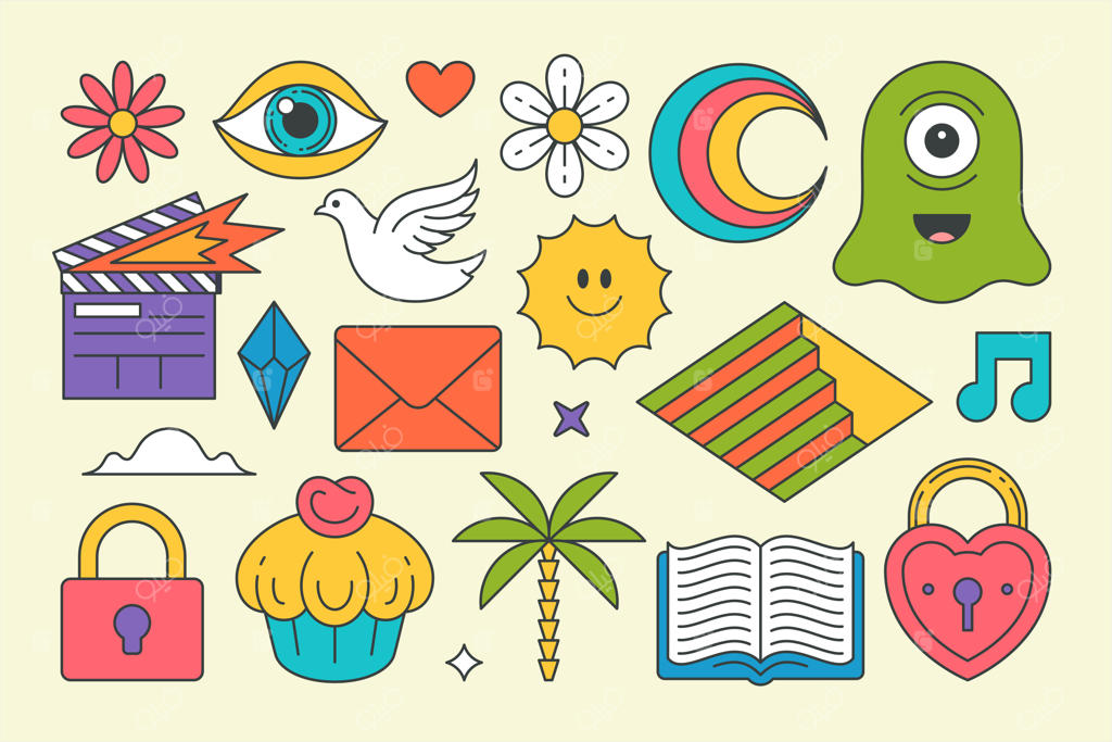 مجموعه استیکرهای کمیک پاپ آرت در سبک گروفی برای طراحی چاپ تی‌شرت (وکتور کارتونی)