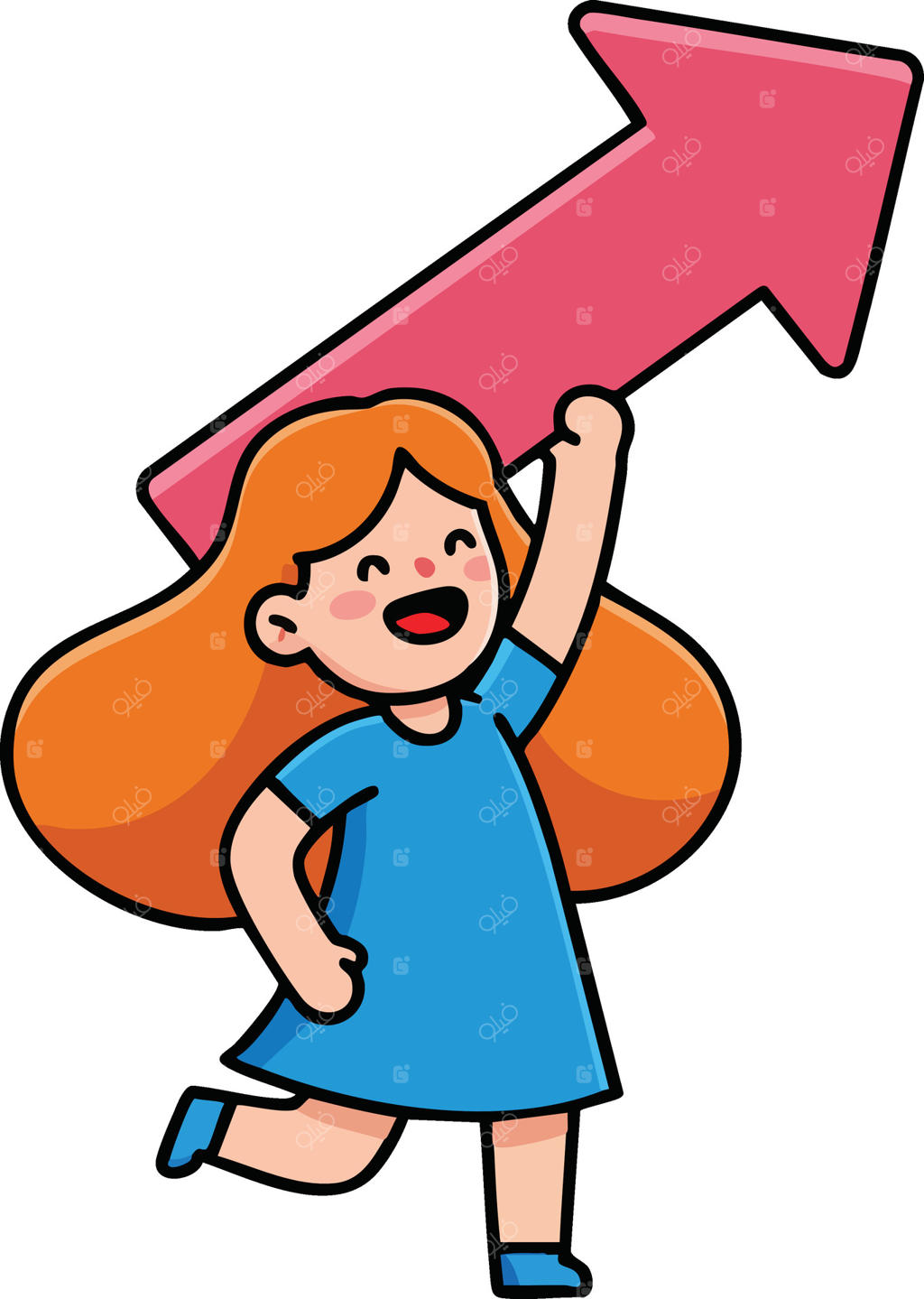 دختری با پیکان قرمز به سمت بالا نماد رشد و موفقیت در کسب و کار و توسعه فردی، تصویرسازی