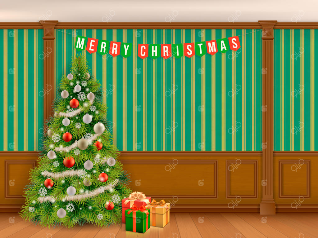 درخت کریسمس تزئین‌شده در اتاق کلاسیک با پانل‌های چوبی و ستون‌های تزئینی. دکوراسیون داخلی اتاق نشیمن یا کتابخانه به سبک کلاسیک.