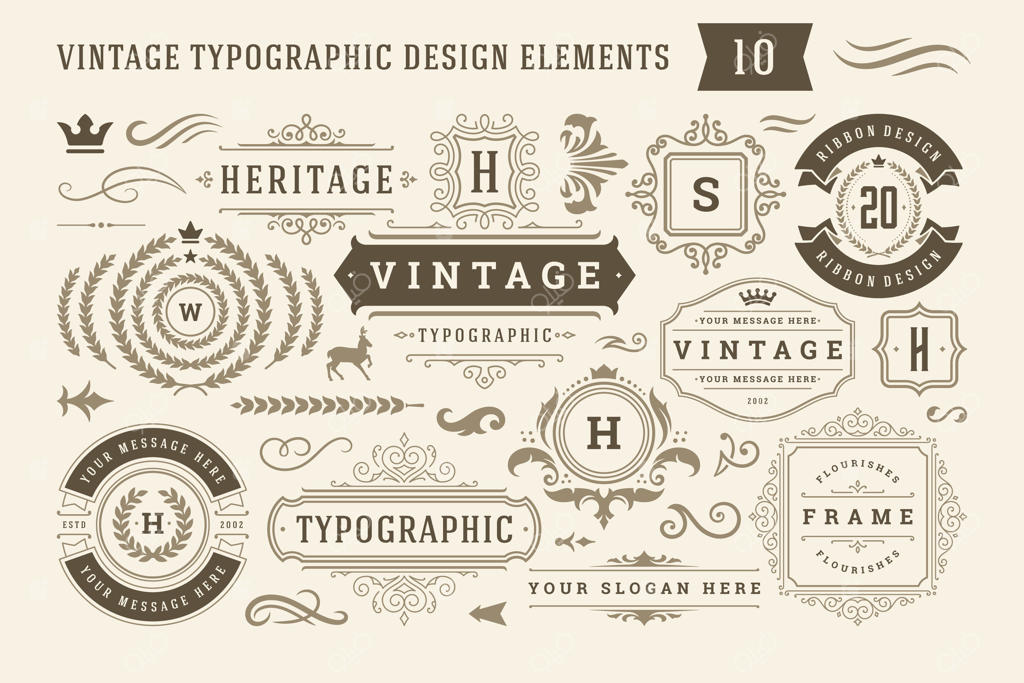 مجموعه عناصر طراحی تایپوگرافی قدیمی به همراه تصویرسازی.