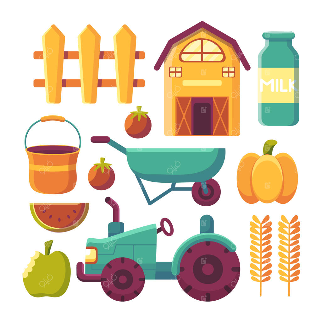 مجموعه‌ای از اشیاء با تجهیزات باغ یا مزرعه شامل کدو تنبل، گاری، محصولات، تراکتور و دیگر موارد به سبک کارتونی بر روی زمینه سفید