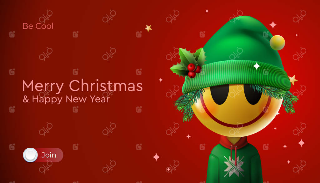 بنر وب کریسمس مبارک. اپلیکیشن موبایل با اموجی الف کریسمس با چهره خندان، تصویر وکتور