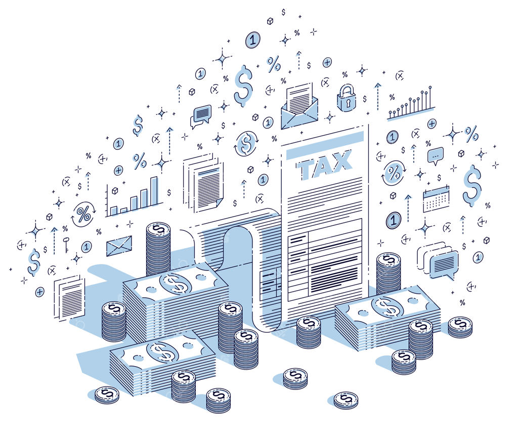 مفهوم مالیات، فرم مالیاتی یا سند قانونی با اسکناس‌های نقدی روی زمینه سفید. تصویرسازی سه‌بعدی ایزومتریک از مالیه با آیکون‌ها، نمودارهای آماری و عناصر طراحی.