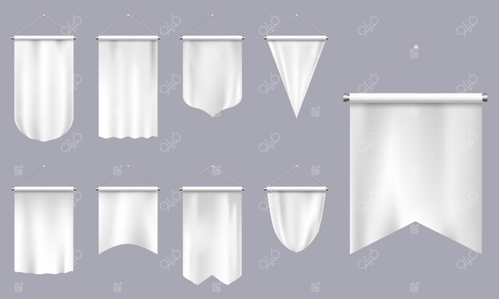 پرچم‌های واقع‌گرایانه: پرچم‌های سه‌بعدی سفید، پرچم‌های مثلثی خالی، قالب‌های خالی تیم فوتبال یا نشان‌های نمادین - مجموعه تصویر سازی وکتور