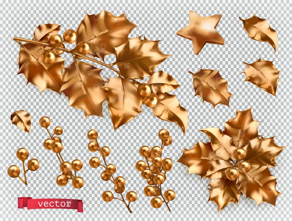 تزیینات کریسمس: مجموعه‌ای از آیکون‌های برگ طلایی هولی واقعی