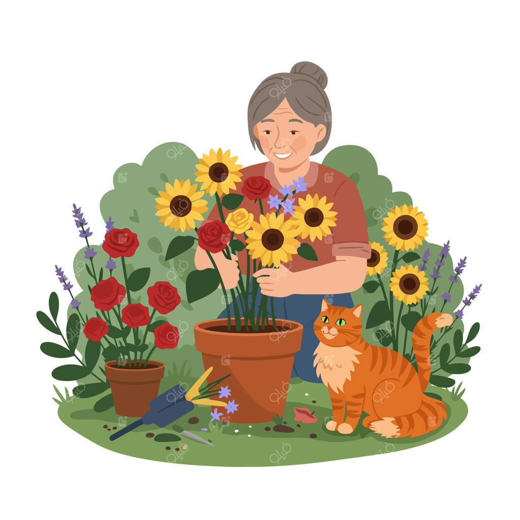 زنی در حال باغبانی با گل‌ها و گربه در باغی پر از شکوفه