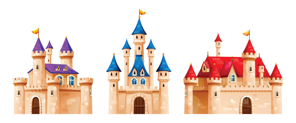 مجموعه‌ای از قلعه‌های افسانه‌ای با سقف‌های آبی، قرمز و بنفش. تصویرسازی کارتونی