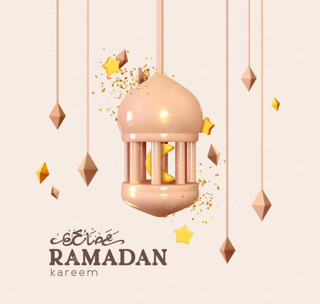 پس‌زمینه رمضان کریم. فانوس‌های آویزان، ستاره‌های سه‌بعدی و ریزش کاغذهای رنگی طلایی. جشن ماه مبارک رمضان. بنر مناسبتی، پوستر وب، تراکت، بروشور شیک، کارت تبریک و کاور.
