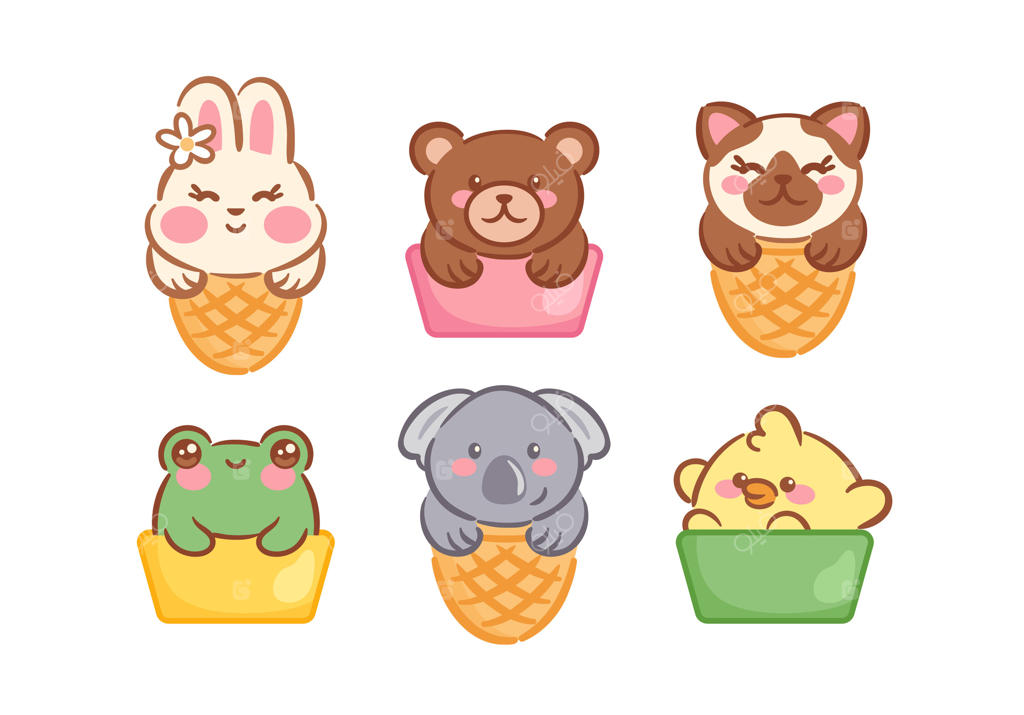 مجموعه تصویرسازی‌های دلنشین از حیوانات کاوایی و بامزه داخل قیف‌های بستنی رنگارنگ، شامل خرگوش، خرس، بچه‌گربه، قورباغه، کوالا و جوجه با چهره‌ها و رنگ‌بندی منحصربه‌فرد