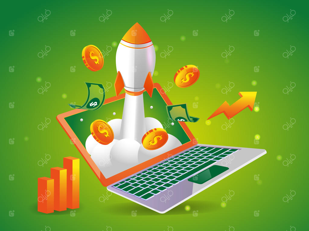 کسب درآمد آنلاین از طریق لپ‌تاپ همراه با نماد موشک
