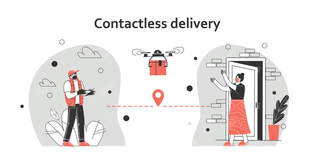 تصویرسازی مفهوم تحویل بدون تماس: استفاده از پهپاد برای تحویل بسته. حفظ فاصله ایمن برای محافظت در برابر کووید-۱۹ یا ویروس کرونا. تصویرسازی تخت وکتور.