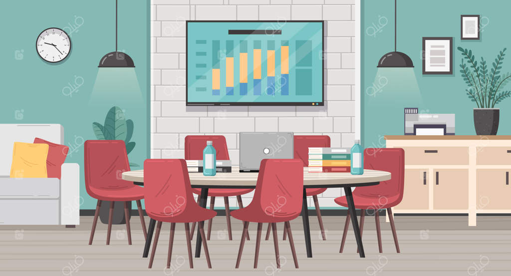 کارتون داخلی اتاق جلسه با میز و صندلی دفتر - تصویر برداری