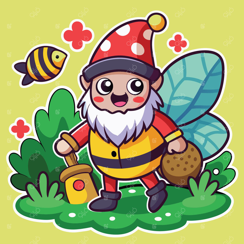 زنبور کارتونی با بال‌های متحرک دور کوتوله باغ پرواز می‌کند