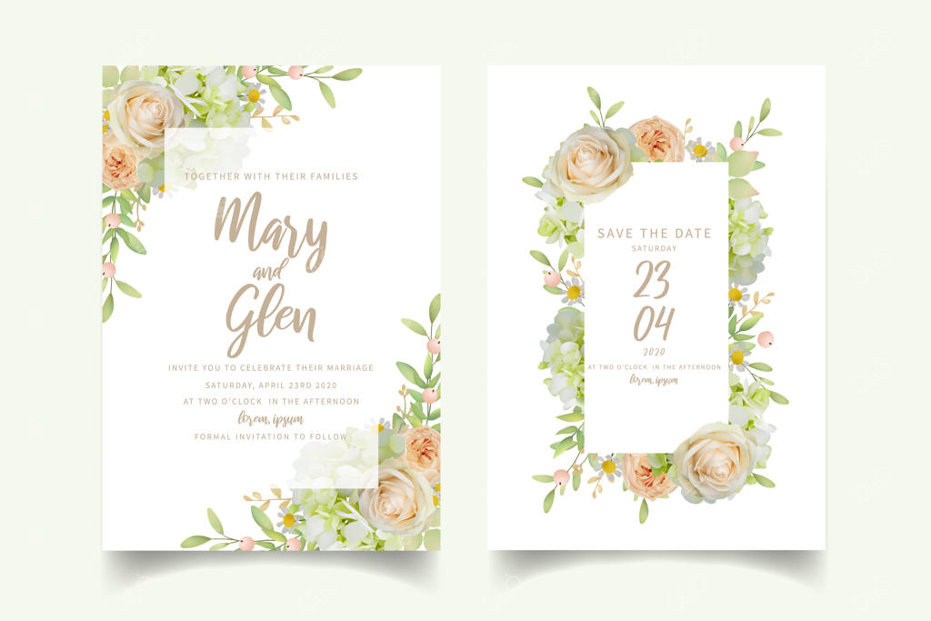 دعوتنامه عروسی با طراحی گل‌های رز و هورتانسیا