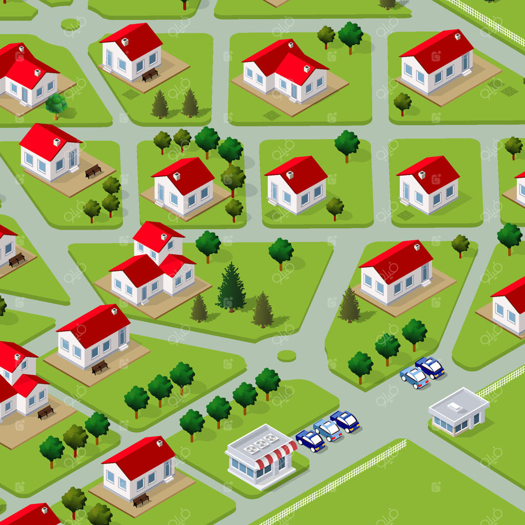 تصویرسازی سه‌بعدی و ایزومتریک از دهکده ویلایی و خانه‌های مسکونی از نمای بالا؛ نمایش خیابان‌ها و قطعات زمین