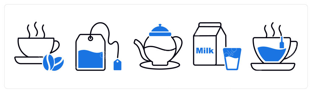 مجموعه ۵ آیکن غذا و نوشیدنی شامل قهوه و چای کیسه‌ای