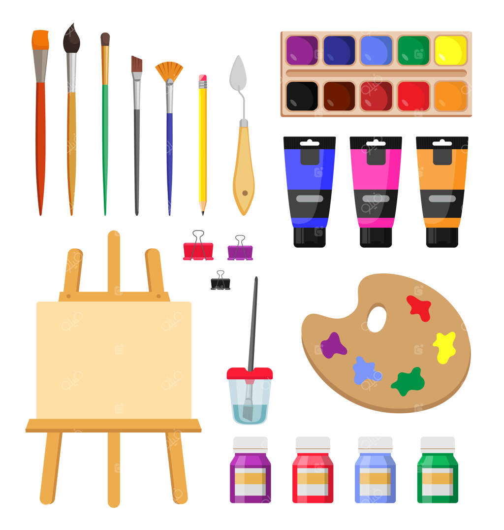 ابزار نقاشی برای هنرمندان: مجموعه‌ای از کارتون‌های مصور. قلموها، سه‌پایه، بوم، خودکار، مداد، پالت و لوازم نقاشی شامل رنگ‌های اکریلیک روی زمینه سفید. مفهوم هنر و لوازم تحریر.