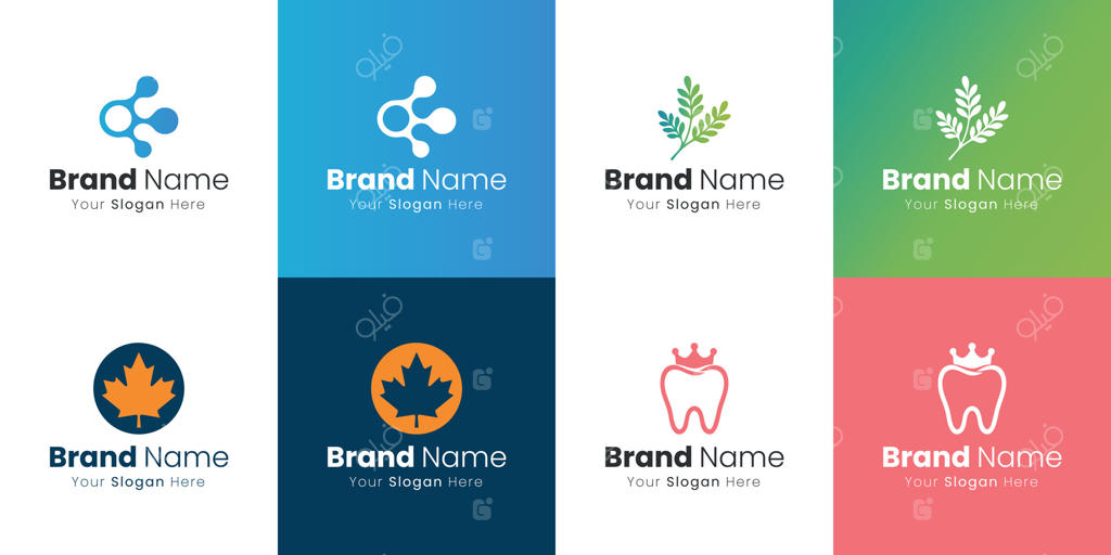 طراحی لوگوی مدرن برای برندهای متنوع شامل مولکول‌های انتزاعی، برگ‌های افرا و نمادهای دندانپزشکی