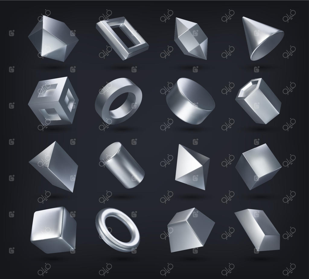 مجموعه اشکال هندسی سه‌بعدی نقره‌ای و واقع‌گرایانه