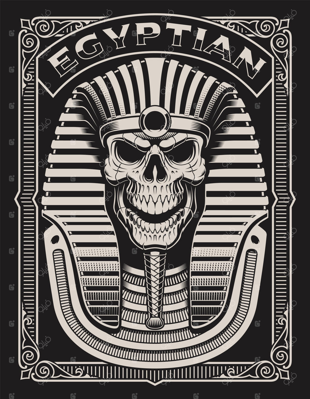 تصویر سیاه و سفید یک جمجمه مصری روی پس‌زمینه تیره