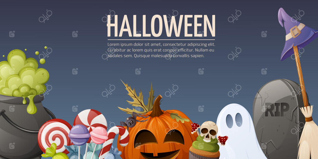 شب هالووین: دیگ جوشان، شیرینی‌ها، سنگ قبر و یک شبح.