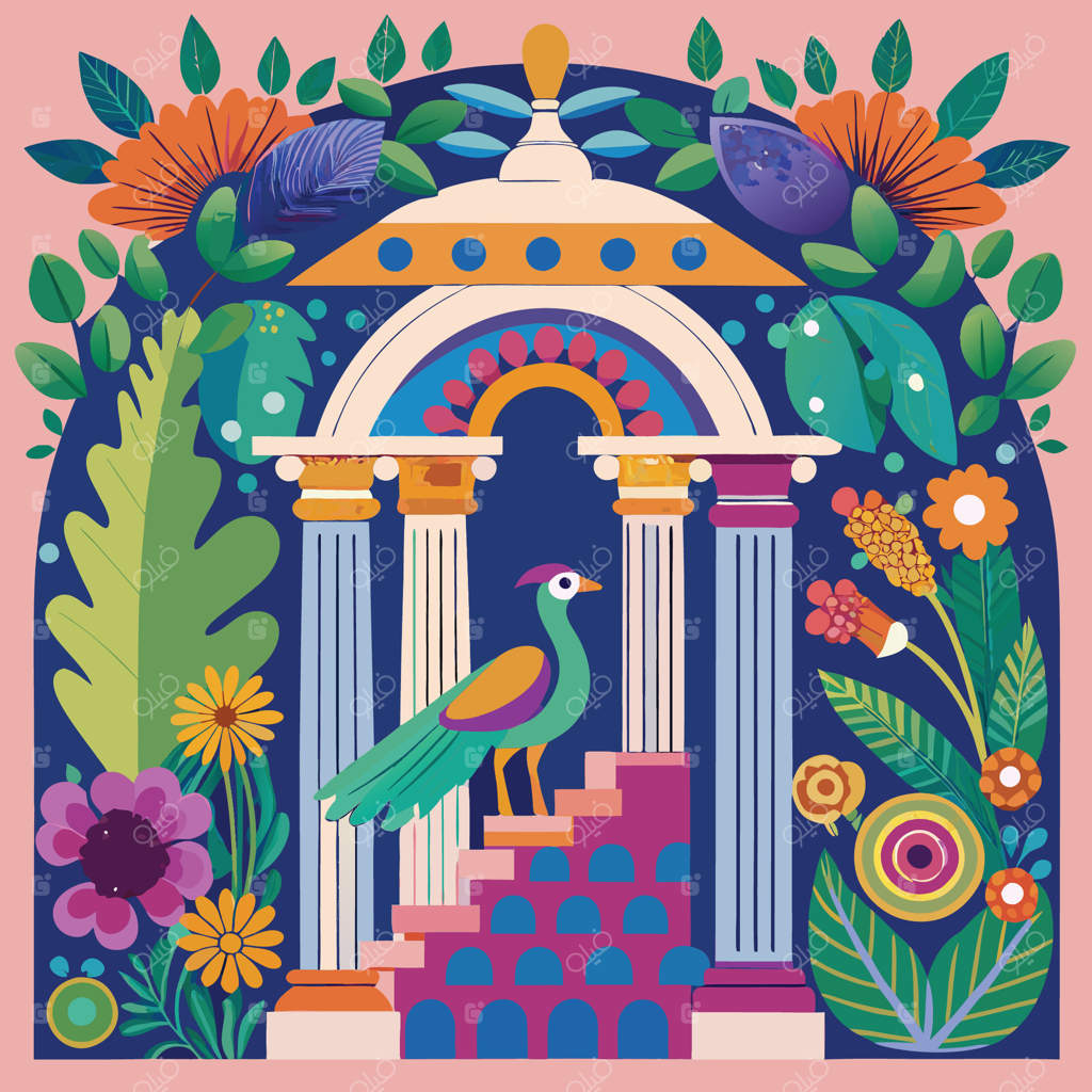 باغ یونان باستان مزین به طاووس‌های رنگارنگ و طوطی‌ها