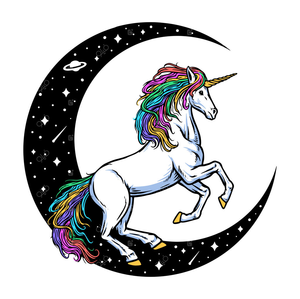 تک‌شاخ و ماه در پس‌زمینه سفید