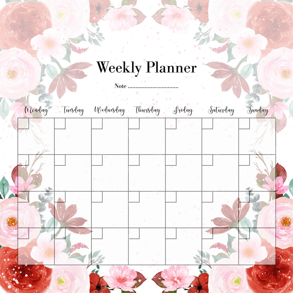 برنامه‌ریز هفتگی قرمز و صورتی با پس‌زمینه گل‌های آبرنگ بهاری